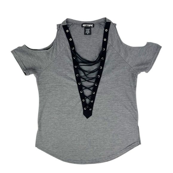Hot Topic Dark Grey Lace Up Top XS - Picture 1 of 6